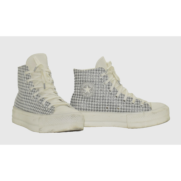 B0 Auth CONVERSE CHUCK TAYLOR SilverEgret Houndstooth Platform Sneakers Size 6 - Picture 1 of 8